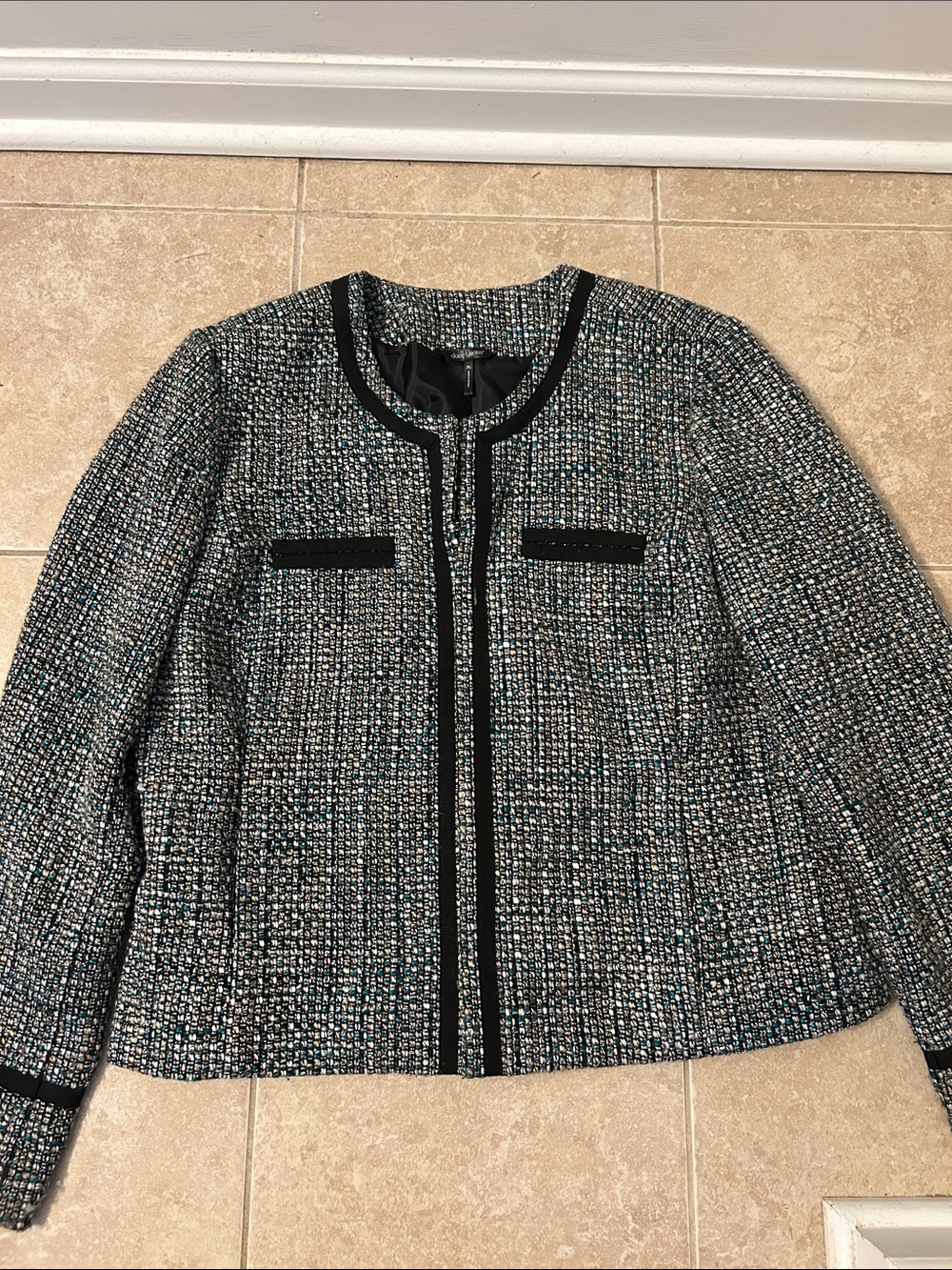 Daisy Fuentes Black and Teal Tweed Blazer